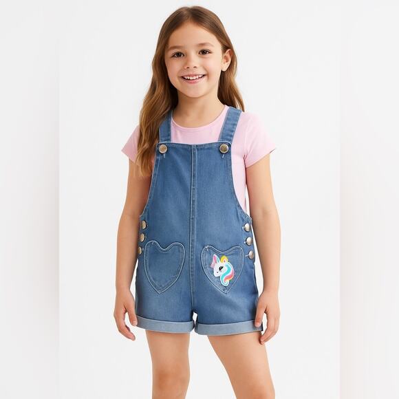 Cutie Patootie Girls Unicorn Denim Shortalls – Size 7, Heart Pockets - Picture 7 of 8